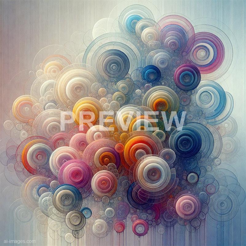 The image displays an abstract digital artwork composed of numerous colorful concentric circles of varying sizes. These circles are layered and intertwined, creating a sense of depth and movement, with a soft, gradient background that transitions from muted beige to pastel pink and blue tones. The overall composition is vibrant and dynamic, with the circles appearing to float or burst outward.